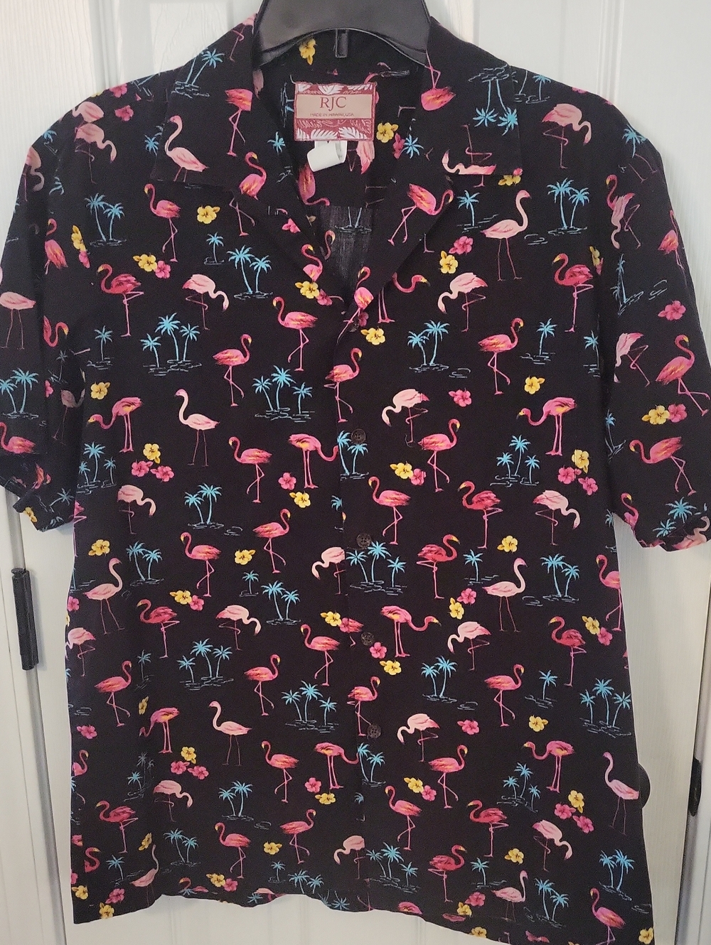 RJC Black Flamingo Print Short-Sleeve Shirt. Made In Hawaii